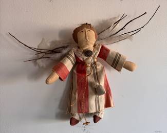 Mixed Media Folk Art Angel with Twigs and Feathers for Wings. Measures 19" W x 12" H. Photo 1 of 2.