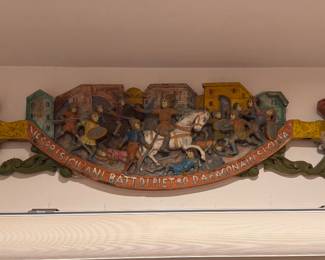 Antique Sicilian Hand-Painted Carved Wood Cart Panel. Measures Approximately 24" W x 10" H. 