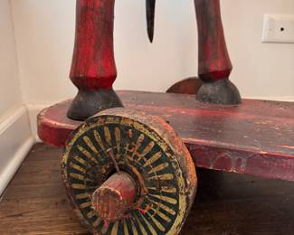 Large-Scale Antique Indian Folk Art Wooden Horse on Wheels. Late 19th–early 20th Century. Hand-carved with Original Polychrome Decoration and Articulated Tack Details. Measures 53" L x 61" H. Photo 7 of 7. 