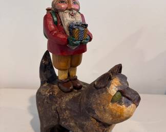 "Santa on Cat" Hand-Made Folk Art Santa by American Carver Sande Elkins (Tennessee) 1995. Measures 14.25" H x 8" D. Photo 1 of 3. 