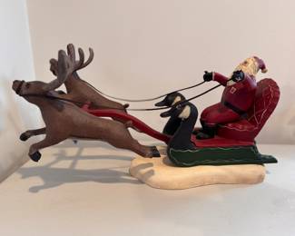 Folk Art Santa, Sleigh and Reindeer Figurine.  Signed by American Carver Casey Edwards. Measures Approximately 24" W x 8" H.  Photo 1 of 2. 