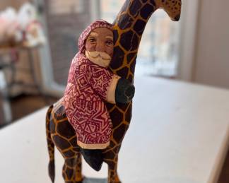 "Santa on Giraffe," Hand-Made by American Carver Jen Frank (Wisconsin). 1998. Measures 5.5" W x 17" H. Photo 2 of 2. 