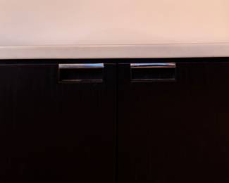 Florence Knoll 4-Point Black Oak Credenza with White Marble Top, Extra Polished Chrome Base and Cabinet Pulls - 2 Available. Each Measures 75" W x 18" D x 26" H. Photo 2 of 5. 