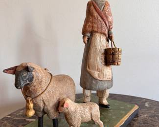 "Spring Lambing," Hand-Carved, Hand-Painted Folk Art Sculpture by Denise Calla. (American, Contemporary) Measures 6.5" x 10" x 14" H. Photo 2 of 3. 