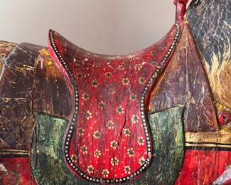 Large-Scale Antique Indian Folk Art Wooden Horse on Wheels. Late 19th–early 20th Century. Hand-carved with Original Polychrome Decoration and Articulated Tack Details.  Measures 53" L x 61" H. Photo 4 of 7. 