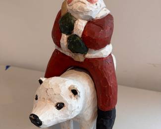 "Santa on a Polar Bear," Hand-Made by American Carver Jen Frank (Wisconsin). 1991. Measures 14.25" H x 12" D. Photo 1 of 3. 