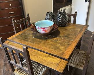 Antique Table that extends, 4+ chairs (some need seat repair)