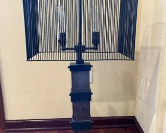Industrial Style Table Lamp with Black Wire Cage Shade Dual Bulb Design
