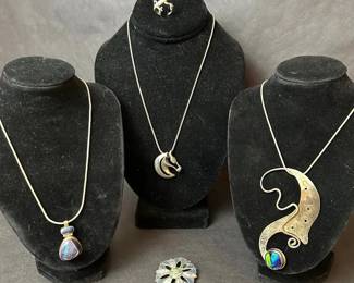  07 Sterling Silver Necklaces, Abalone Flower Brooch, Gecko Ring