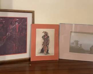 Three Framed Native AmericanThemed Art Prints, Warrior  Figure Scenes in Mixed Frames
