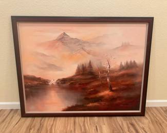 Large Framed Landscape Painting Signed Ellie Raves Mountain Lake  Autumn Forest Scene