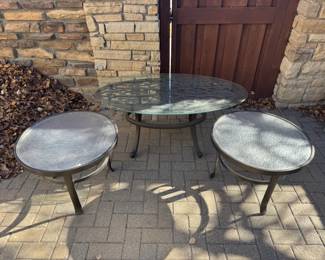 3Piece Outdoor Patio Table Set  Large Oval Glass Table w Two Matching Side Tables
