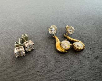  02 Sterling Silver Back Earring Set CZ Studs  GoldTone Drop Earrings, 2 Pairs Total