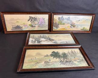 4 Framed Asian Landscape Paintings on Silk or Paper in Wood Frames, Signed Art