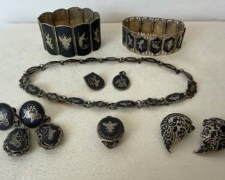 Vintage Siam Sterling Silver Niello Jewelry Set Bracelets Necklace Earrings 