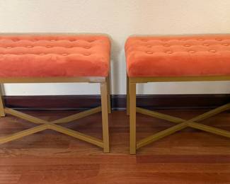 Pair of Tufted Upholstered Benches with GoldTone Metal Bases