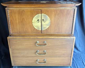 MidCentury Wooden Chest with Cabinet Doors and Brass Hardware