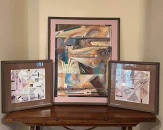 Three Framed Abstract Geometric Paintings Modern Mixed Media Style, Large  Matching Pair