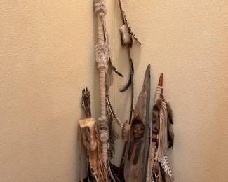 Large Native AmericanStyle Decor  Spear, Bow, Quiver, Carved Figure  Feathered Wall Art