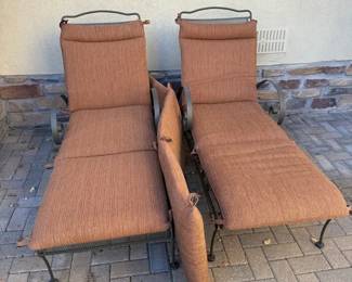 Pair of Metal Outdoor Chaise Lounge Chairs with Brown Cushions