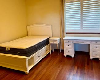 PBteen White Storage Bed w Dresser, Side Table Beautyrest Hybrid Mattress