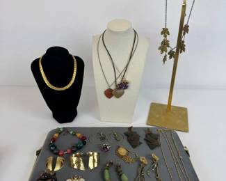 Gold Bronze Jewelry Lot w 14K Opal Pendant Necklace, GoldTone Chains, Earrings, Bracelets