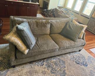 Contemporary Gray Upholstered Sofa Couch w Nailhead Trim Accent Throw Pillows