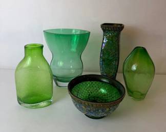Collection of Green Art Glass Vases and Mosaic Bowl, Mixed Styles 