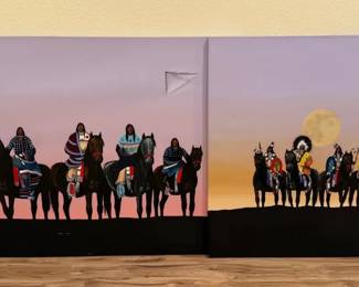 Pair of Large Western Canvas Paintings with Native American Riders