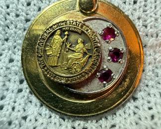 Vintage K Gold Filled Charm Bracelet with North Carolina Seal Medallion and Ruby Accents 