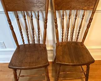 Antique Pressed Back Oak Dining Chairs Set of 2
