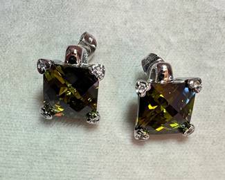 Square Cut Smoky Quartz and Diamond Accent Earrings in Sterling Silver