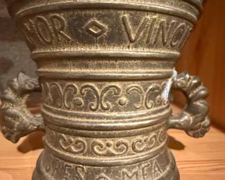 Bronze Mortar and Pestle with Latin Inscription Amor Vincit Omnia and Dragon Handles