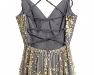 Grey and Gold Floral Embroidered Tulle Prom Dress
