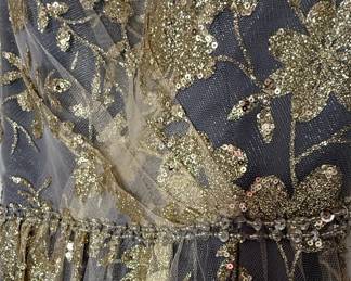 Grey and Gold Floral Embroidered Tulle Prom Dress 