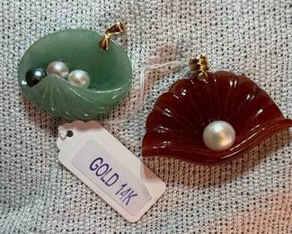 14k Gold Pendants with Jade and Carnelian Shells and Pearls 