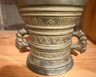 Bronze Mortar and Pestle with Latin Inscription Amor Vincit Omnia and Dragon Handles