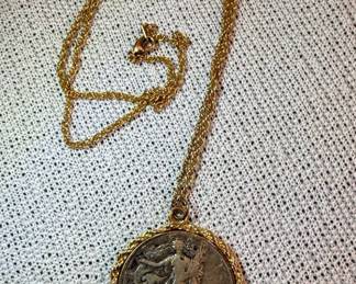 Walking Liberty Half Dollar Pendant Necklace with GoldTone Rope Bezel