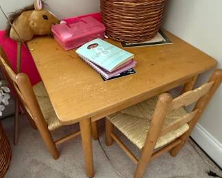 Oak Child's Table with Two Rattan Seat Chairs