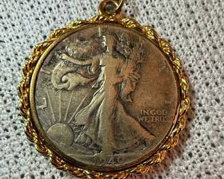 Walking Liberty Half Dollar Pendant Necklace with GoldTone Rope Bezel 