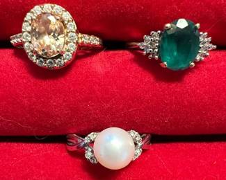 10K Gemstone Rings Morganite, Emerald, and Pearl