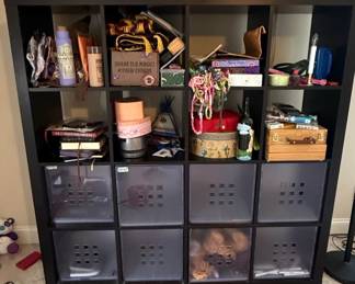 Black Wood Cube Storage Shelves with Plastic Bins