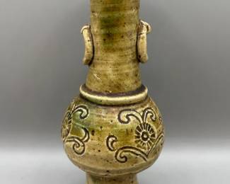 Vintage Asian Green Glazed Stoneware Vase with Relief Scrollwork