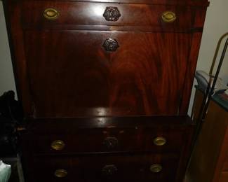 ANTIQUE 19TH CENTURY FRENCH EMPIRE FLAME MAHOGANY DROP FRONT SECRETARY