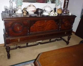 ANTIQUE JACOBEAN BURL WALNUT SIDEBOARD
SERVER WITH RARE DROP FRONT