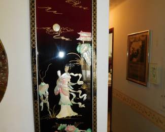 VINTAGE ASIAN MOTHER OF PEARL BLACK LACQUER WALL PANE