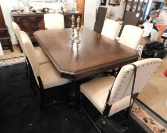 ANTIQUE JACOBEAN BURL WALNUT DINING TABLE WITH 6  UPHOLSTERED CHAIRS & 2 LEAVES