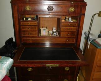 ANTIQUE 19TH CENTURY FRENCH EMPIRE FLAME MAHOGANY DROP FRONT SECRETARY