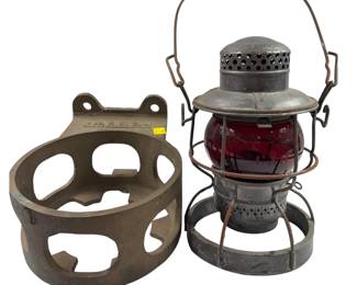 New York Central System Lantern & Steam Engine Brass Lantern Holder Red Glass