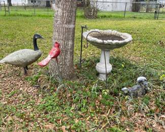 CONCRETE BIRDBATH, SKUNK AND CARDINAL, GOOSE